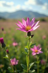 Wild Cleome rutidosperma flowers swaying in wind, perennial wildflowers, flowering plants