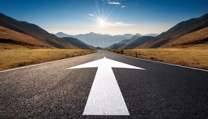 open road leading forward into the mountains with big white arrow painted on the asphalt background for direction journey travel destination path guidance design