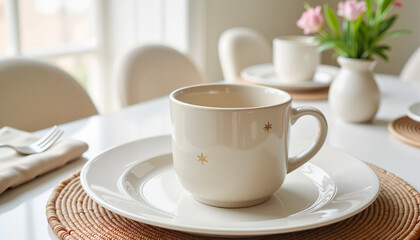 Elegant ceramic cup and plate on dining table, inviting ambiance