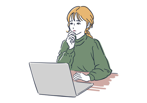 パソコンで作業しながら考える女性 &ndash; ビジネス・リモートワーク・オフィスシーン