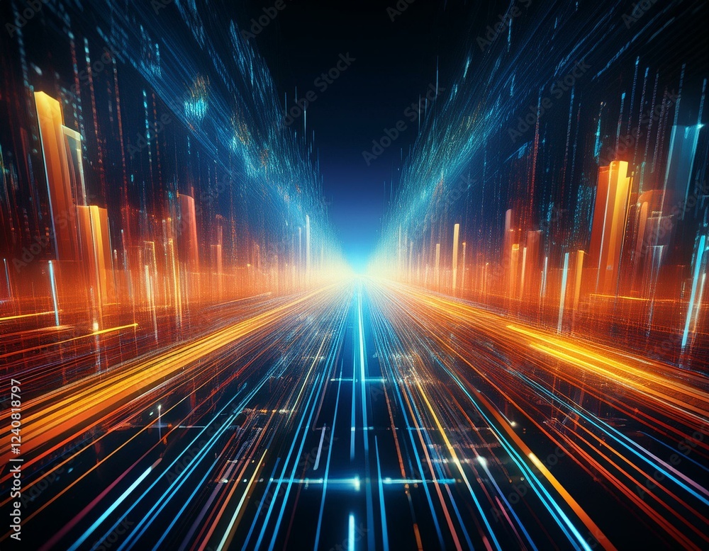 Wall mural orange and blue data streams are flowing and crossing in the cyberspace creating a futuristic digita