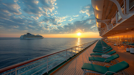 Scenic Cruise Deck Sunset Ocean View, Luxury Travel, and Golden Summer Voyage.