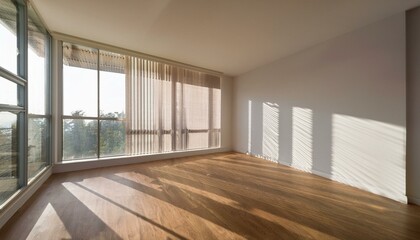 minimalist corner room with large window and soft light shadows