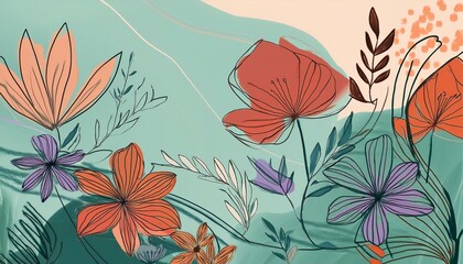 Fototapeta premium creative minimalist hand painted abstract art background with hand drawn doodle scribble floral plants design for wall decoration postcard poster or brochure