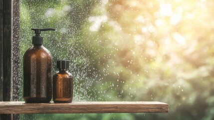 Close-Up of Natural Cleaning Products with a Soft Background and Rain Effect