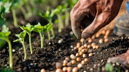A farmer planting seeds in rows of fertile soil in the field.