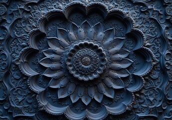 Intricate Blue Floral Relief Featuring Layered Petals and a Central Spiral Showcasing Detailed Craftsmanship in a Symmetrical Design

