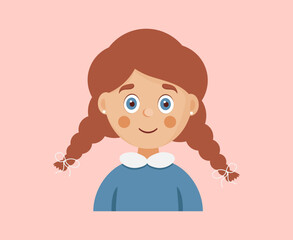 Happy girl face portrait. Cute school child. Vector illustration