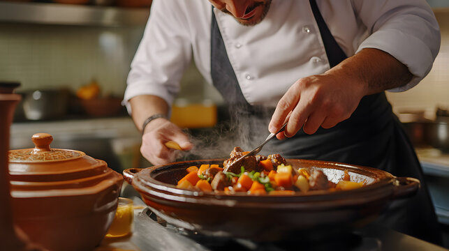 A Moroccan chef preparing tagine, a slow-cooked stew with lamb, vegetables, and spices, in a traditional clay pot.