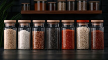 Close-Up of Reusable Glass Containers Filled with Various Ingredients on Dark Background