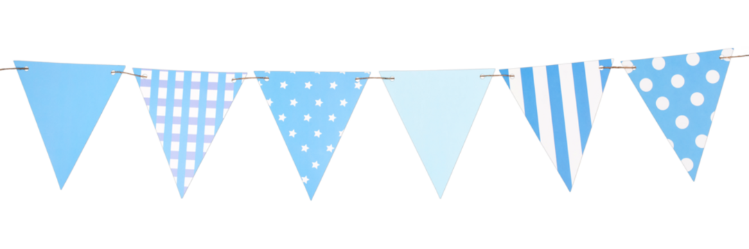 Festive garland of triangular paper blue flags isolated on a transparent background
