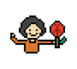 Cute pixel cartoon 8bit character man give flower gift birthday surprise reward present decoration 8 bit male boy give gift flower valentines day game png vector.