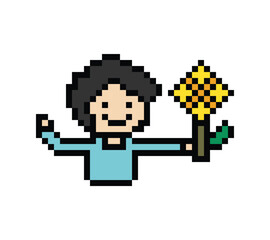 Obraz premium Cute pixel cartoon 8bit character man give flower gift birthday surprise reward present decoration 8 bit male boy give gift flower valentines day game png vector.