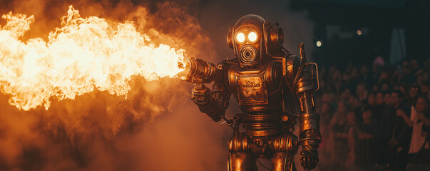 Fototapeta premium ランウェイを歩きながら火炎放射するアンドロイド