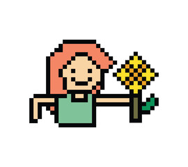 Obraz premium Cute pixel cartoon 8bit character woman give flower gift birthday surprise reward present decoration 8 bit female girl give gift flower valentines day game png vector.