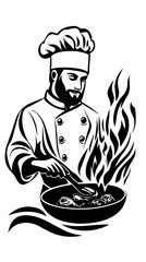 Illustration of a chef holding a frying pan. Frying pan on fire. Cooking flambé dish.