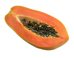 fresh ripe papaya half with juicy orange flesh and black seeds, tropical fruit cross-section on isolated background
