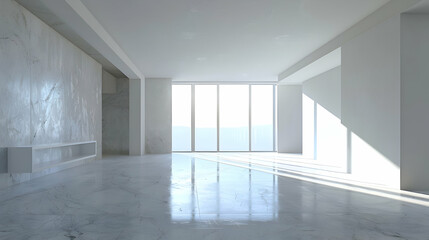 Fototapeta premium Bright, modern interior of an empty room with marble flooring and large windows showcasing a scenic view