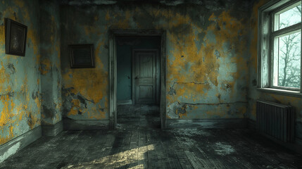 Obraz premium Dark Abandoned Room Decaying Walls, Vintage Wood Door, and Eerie Spooky Vibes.