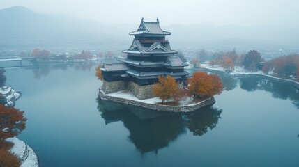Obraz premium Misty Autumn Castle Island Aerial View