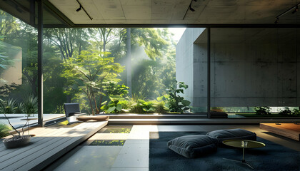 Modern interior design featuring a serene living space with large windows overlooking lush greenery