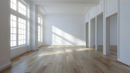 Obraz premium Bright, spacious interior of a modern room with wooden flooring and large windows casting shadows