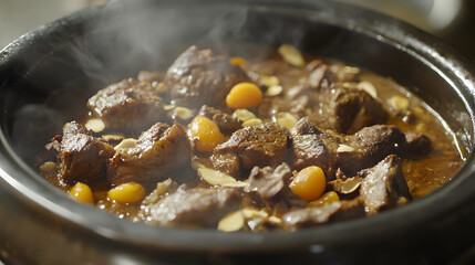 A Moroccan tagine with tender lamb, apricots, and almonds, cooked in a clay pot for an exotic and aromatic dining experience.