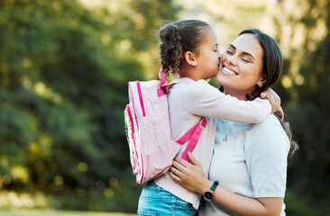 Back to school, mother and kiss kid at park for care, love or support for first day with family....