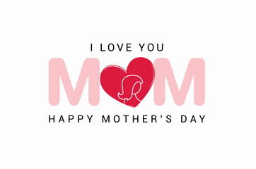 Mother's day greeting card with love. Vector banner with girl in red paper heart. Symbols of love on white background