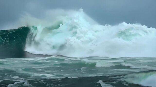 Powerful ocean waves crashing with intense force at sea
