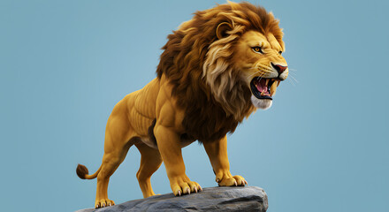 Obraz premium Majestic Roaring Lion: A 3D Render of a Powerful African Lion on a Rock