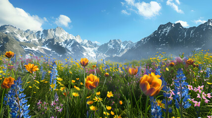 Fototapeta premium Vibrant wildflower meadow in the mountains under a clear blue sky with snow-capped peaks in the background