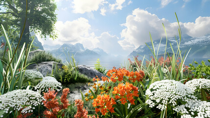 Vibrant floral landscape with mountains and clouds under a bright sky, showcasing nature's beauty