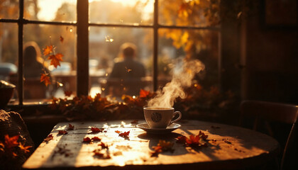 Cozy coffee time in a cafe with autumn leaves and warm sunlight
