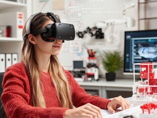 Young woman using virtual reality headset in modern workspace for design and engineering projects, innovative technology