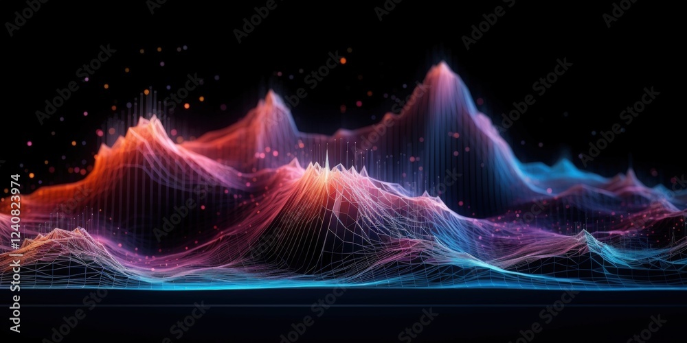 Poster vibrant abstract data visualization with colorful waves representing data peaks and valleys in a mod