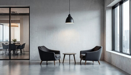 Modern interior design showcases two black chairs in a minimalist office space with large windows and a sleek pendant light during the day