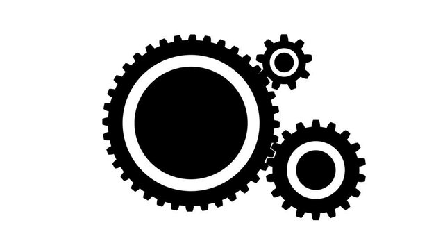 Seamless animation of black drive gear and driven gear on white background. Clockwise and counterclockwise rotation

