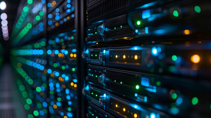 Modern Data Center Server Racks with Blue and Green Lights, Cloud Network Storage.
