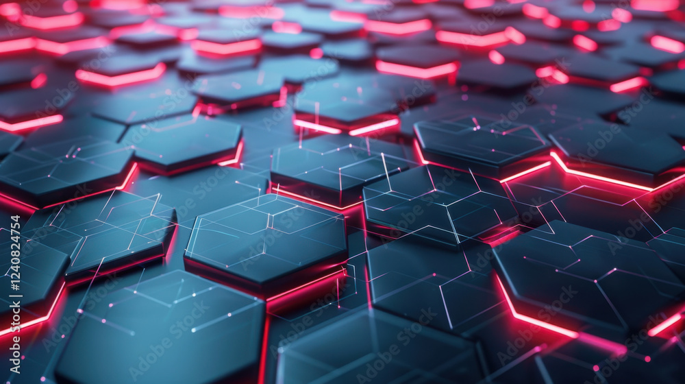 Poster futuristic hexagonal pattern with glowing neon lines, creating dynamic and tech inspired atmosphere.