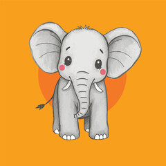 A cute, cartoon-style baby elephant with big, expressive eyes and rosy cheeks stands against a bright orange background.
