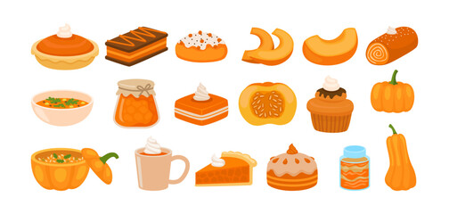 Set of pumpkin collection with sliced pumpkin, soup, cupcake, pie and pumpkin jar, autumn food, Fall seasonal bakery and drinks made from fruit, isolated on white background, flat vector illustration.