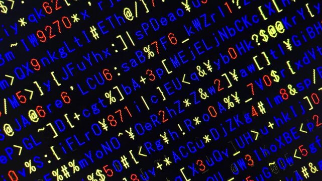 三原色・コンピュータ空間のランダムな文字列・さまざまな文字を含むデータベース・エンコードされたプログラム内のデータセット・数学的計算・大規模言語モデル・機械翻訳・英数字記号・横長・ビデオ
