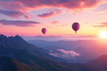 Fototapeta premium Hot air balloons drift peacefully over majestic mountains at sunset, casting a vibrant glow in the sky.