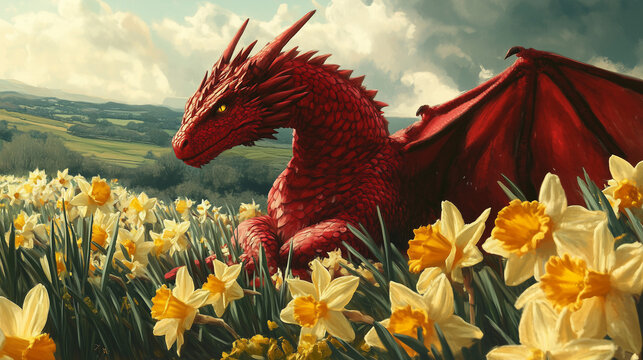 Saint David's Day Holiday celebrated in Wales, Red Welsh dragon in yellow daffodil flowers illustration, banner with space for text