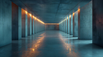 Teal Concrete Corridor Modern Architecture, 3D Lighting, Blue Interior Design.