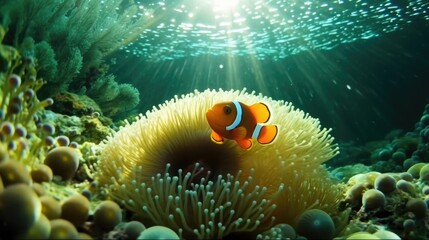 An orange clownfish rests within a vibrant sea anemone
