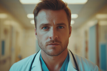 Obraz premium Portrait of a male doctor in a hospital hallway wearing a white coat and stethoscope with serious expression looking directly at the camera