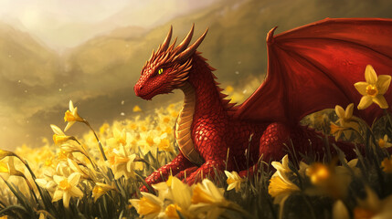 Saint David's Day Holiday celebrated in Wales, Red Welsh dragon in yellow daffodil flowers illustration, banner with space for text