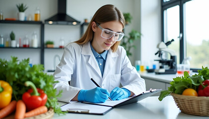 栄養士が果物と野菜を研究する実験室 栄養、安全性、バイオテクノロジー、農業技術を分析する科学的検査と開発の最前線
